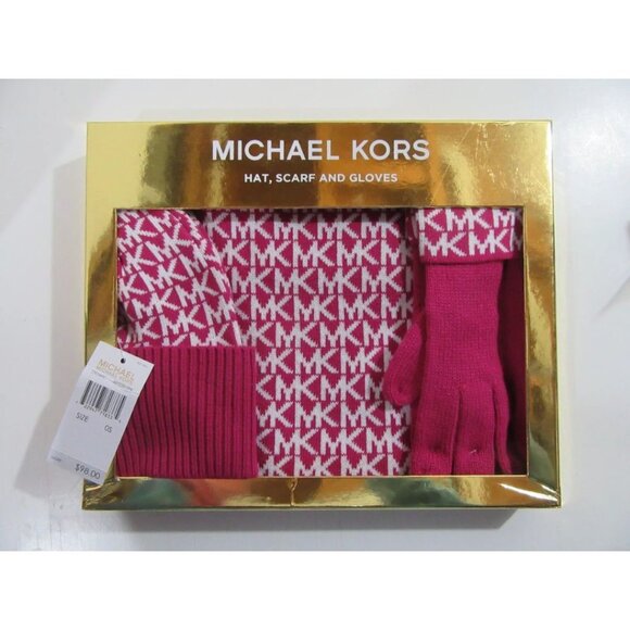 MICHAEL KORS 3 Piece Gloves Scarf Beanie Hat Fuchsia Pink MK Logo NWT IN BOX NEW - Picture 1 of 2